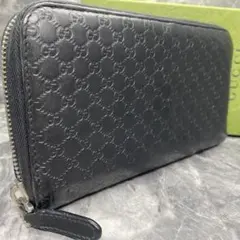 美品✨グッチ　長財布　ラウンドファスナー　マイクロ　シマ　レザー　本革　ブラック