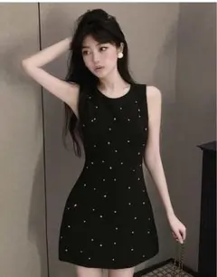 ブラック パール装飾 タイトドレス