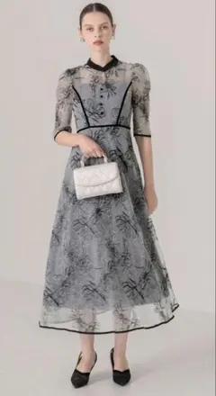 【10/3まで】leja パイピングハイネック花柄ラメレースワンピースドレス