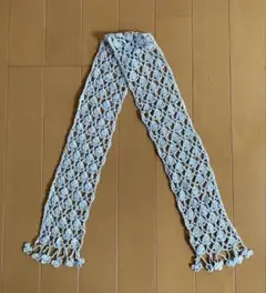 水色 グレー　フリンジ付きレース編みマフラー