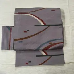名古屋帯　幾何学模様 モダンデザイン ラベンダー単品