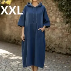 デニムワンピース フード付き 半袖 ゆったり カジュアル　XXL マタニティ