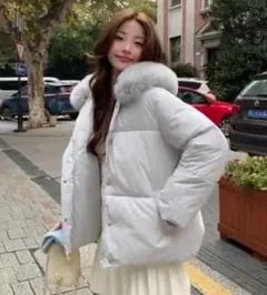 【新品】ファー付き ダウンジャケット グレーブルー あったか 厚手 フード付き