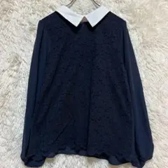 GLACIER レースブラウス S ネイビー 襟付き 長袖 ハニーズ