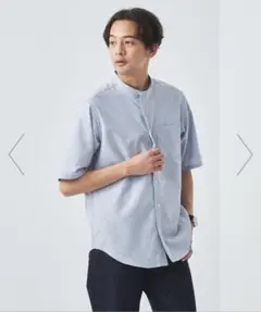 オックスフォード ストライプ バンドカラー 半袖 シャツ M ライトブルー