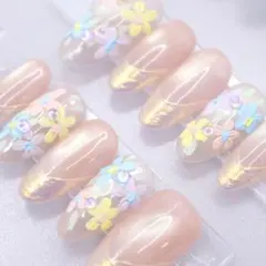 803ネイルチップSサイズ 韓国ちゅるん パステルフラワー フレンチ　マグネット