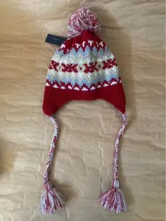 レディース　ニット帽　ポンポン&フリンジ付き 赤系　新品タグ付き