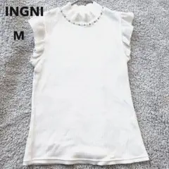 イング　半袖カットソー　白【M】リブ　フリル袖　ビジュー付き　フェミニン　上品のサムネイル