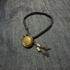 ヴィンテージボタン⑧ シルバービーズ リネン ミサンガブレスレット ネイビー