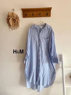 H&M ストライプ柄　ロングシャツ　ワンピース ブルー 七分袖　春夏　長袖のサムネイル