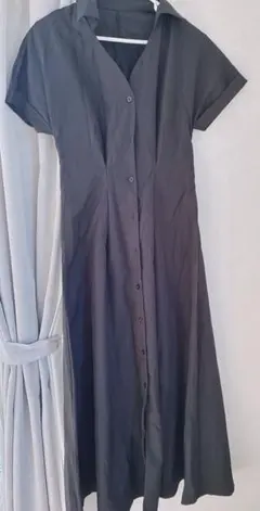 【新品】Vネック フロントボタン 半袖ロングシャツワンピース