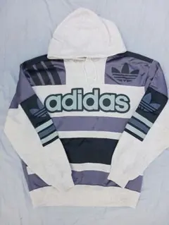 adidas ストライプ パーカー グレー/ネイビー銀タグ