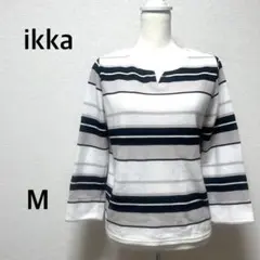 イッカ　カットソー　Tシャツ 長袖　Vネック　ボーダー　カジュアル　ホワイト　M