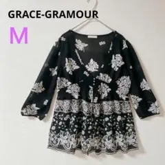 【GRACE-GRAMOUR】ブラウス　チュニック　トップス　フラワー　七分袖M