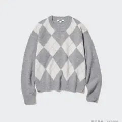 【UNIQLO ユニクロ】　プレミアムラムクルーネックセーター　チェック　グレー