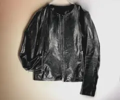 イタリア製ラムジャケット革　シングル　ライダースジャケット　ノーカラー　薄手　黒