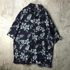 Y5152古着　シャツ　半袖　シルク　紺　花柄　90s Y2K