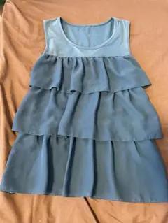 スクロール フリルノースリーブトップス ブルー