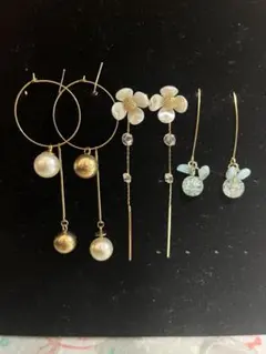 フラワーとパールのロングピアス3セット