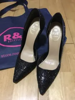 R&E グリッター ラメ パンプス ハイヒール 黒 ブラック 22.5