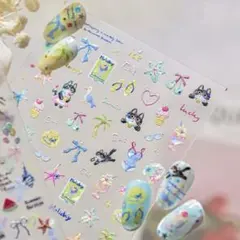 ネイルシール　3D立体　ネコ　黒猫　ビーチ　夏　海　ヒトデ　かもめ　5122