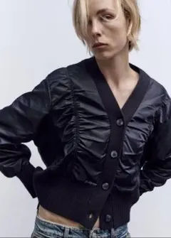 ZARA ザラ ニット MA-1 カーディガン ドッキング ネイビー 美品紺L