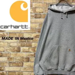 カーハート　メキシコ製　パーカー　スウェット　裏起毛　袖ロゴ　ライトグレー　L