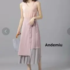 【新品】Andemiu 裾プリーツドッキングワンピース　ノースリーブ　ピンク　Fのサムネイル