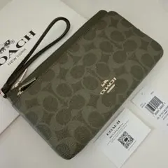 COACH コーチ　ダブルジップポーチ　長財布　リストレット オリーブ　グリーン