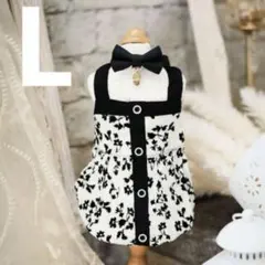 犬服秋冬 モノトーン バルーンワンピース 小花柄 黒白 キャミ トイプー L
