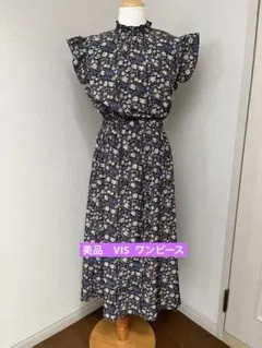 ViS　襟シャーリング　花柄ワンピース