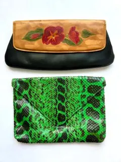 花柄レザークラッチバッグと緑のヘビ柄バッグセット＊レディース