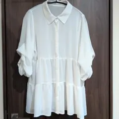 ホワイト シフォン ティアード　 五分袖 白　ブラウス　オシャレ　L 未使用