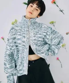 アダムエロペ フラッグヤーンMIXニットカーディガン ライトグレー