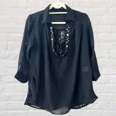 レディース カットソー ブラウス 後ろレース ビジュー 透け感 七分袖 装飾 L