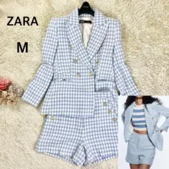 【美品】ザラ ショートパンツセットアップ ジャケット 千鳥 チェック M 水色