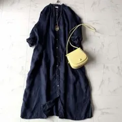 ティッカ リネン100％シャツワンピース 黒 キーネック バックリボン
