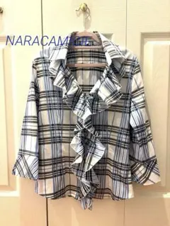 美品-ナラカミーチェ フリル チェックシャツ ホワイト×ブルー