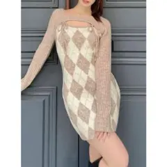 【最終値下げ】RESEXXY アーガイルタイトニットミニワンピース　ベージュ