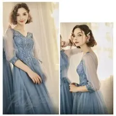 ワンピース ドレス レース チュール ブルー パーティー 結婚式 7分袖