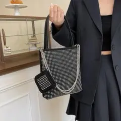 ラインストーン 3way ショルダーバッグ　ブラック×シルバー　高見え　高級感