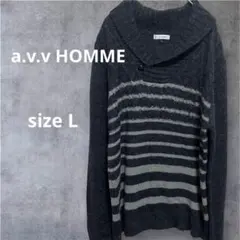 アーヴェヴェオム ニット ショールカラー ボーダー　トップス ネイビー　Lのサムネイル
