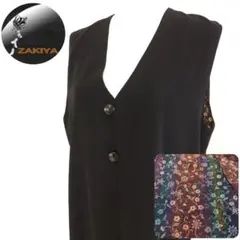 ヴィンテージ　ベスト　シンプル　裏地総柄　花柄　デザインボタン　黒　日本製