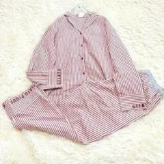 良品✨ジェラートピケ ロゴ刺繍 赤 セットアップ ストライプ柄パジャマ 上下