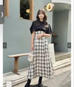 GRL チェック柄ケープブラウスドッキングワンピース[pr48]