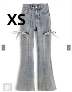 GRL 사이드 컷아웃 리본 플레어 데님 팬츠 XS 라이트 블루