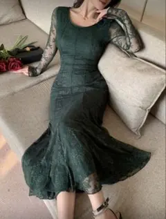 ダークグリーン レース パーティードレス