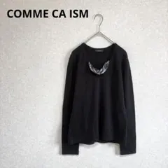 COMME CA ISM コムサイズム チェック柄リボンVネックニット 黒 L