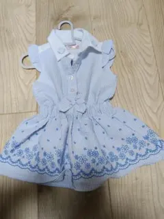 Juo 水色ストライプ花刺繍ワンピース 90cm