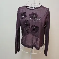 社交ダンス　紫色 花装飾 長袖 レッスンウェア